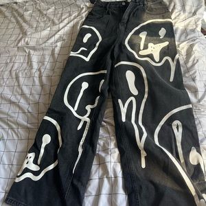 SOLD Dark Gray Graffiti smiley face Drape Straight Wide-leg Loose High-waisted